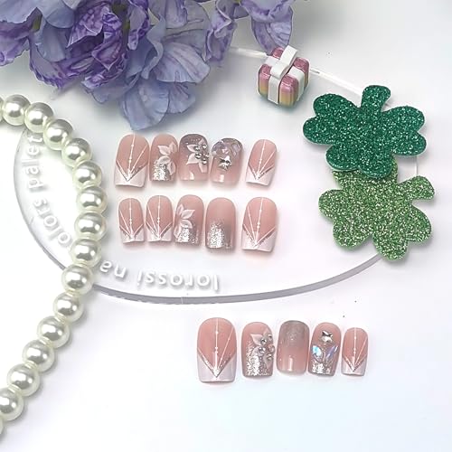 Flower Press On Nails Medium Square White French Tip Fake Nails with 3D Rhinestones