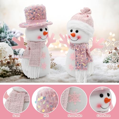 Pink Christmas Snowman Decorations - Light Pink Pastel Holiday Table Centerpiece 2Pcs