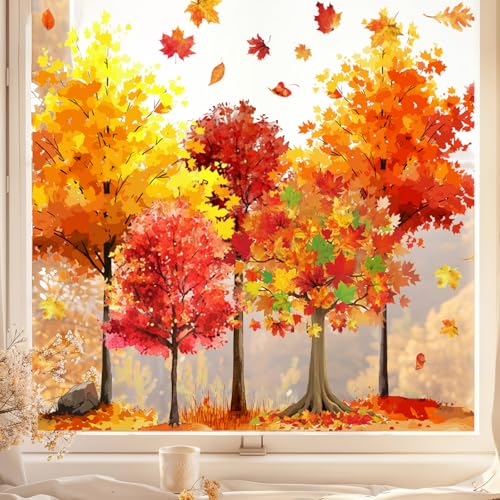 Fall Tree Window Clings - 9 Sheets Autumn Maple Leaf Glass Decals
