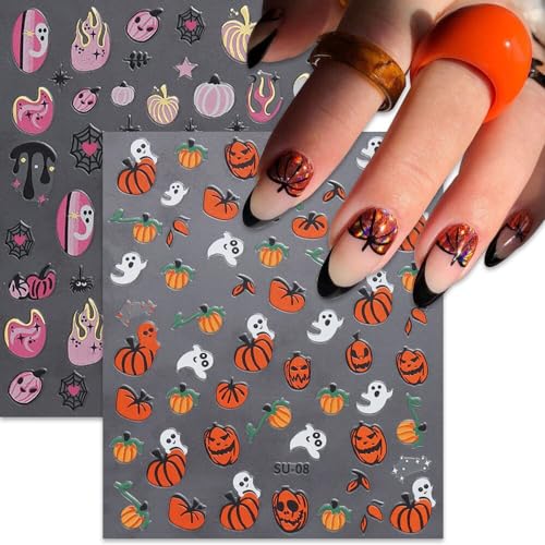 UCCASA 8 Sheets Halloween Nail Stickers 3D Self-Adhesive Decals