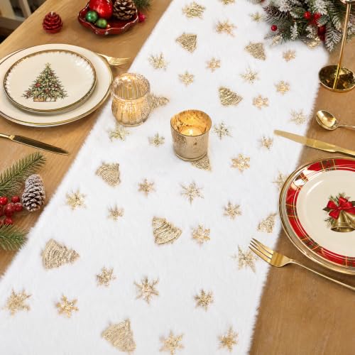 White Faux Fur Christmas Table Runner 72 Inch with Gold Sequin Snowflakes - Variation: White Gold / 13x72