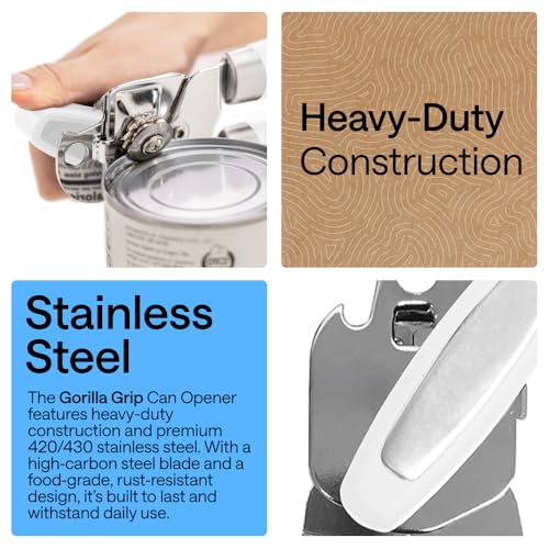 GORILLA GRIP Stainless Steel Manual Can Opener, Soft Grip, White
