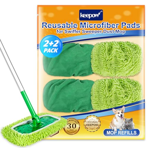 KEEPOW Reusable Mop Pads for Swiffer Sweeper - 4 Pack (2 Wet + 2 Dry)