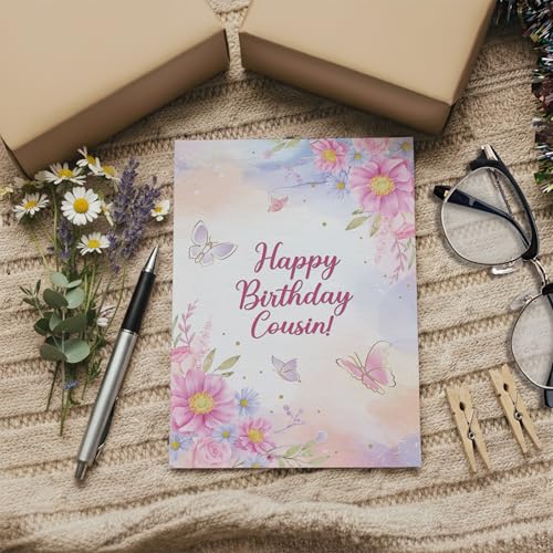 Premium Cousin Birthday Card - Floral Butterfly Design, A5 Size