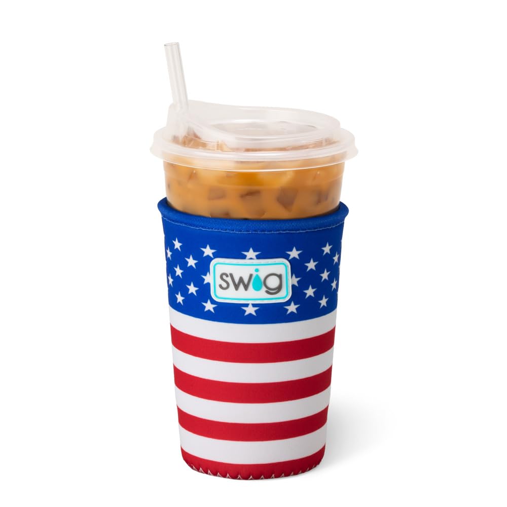 Swig Life Medium Iced Cup Coolie, Standard 22oz Iced Coffee Cup Insulator Sleeve with Handle, Neoprene Insulated Coolie Keeps Drinks Cold (All American)
