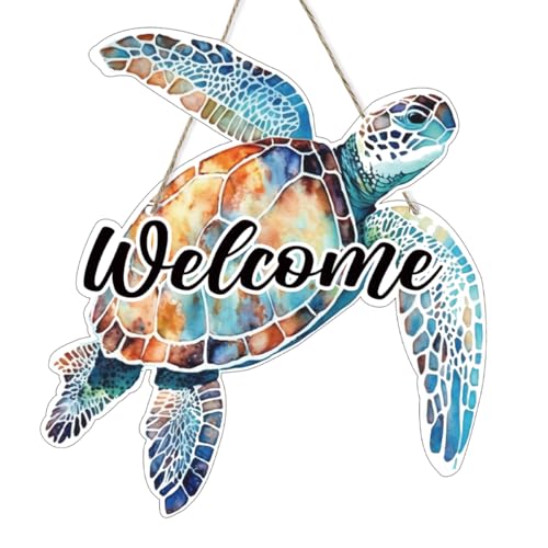 Sea Turtle Wooden Door Sign - Beach Decor Hanging Wall Art 12x10 Inch