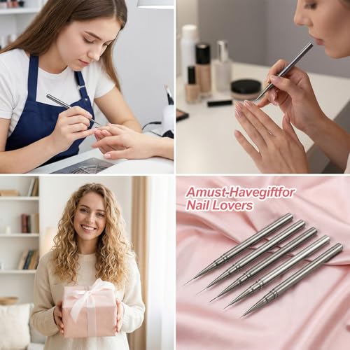 Ziuohaa 5-Piece Nail Art Liner Brush Set with Metal Handles and Caps