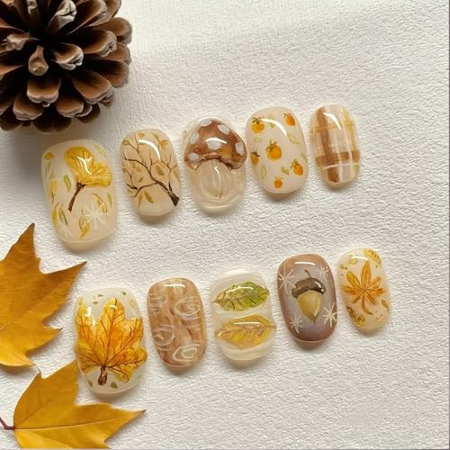 Fall Short Square Press On Nails 3D Maple Leaf False Acrylic Nails