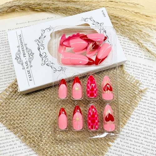 Red French Tip Press On Nails with Rhinestones Medium Almond False Nails 24pcs