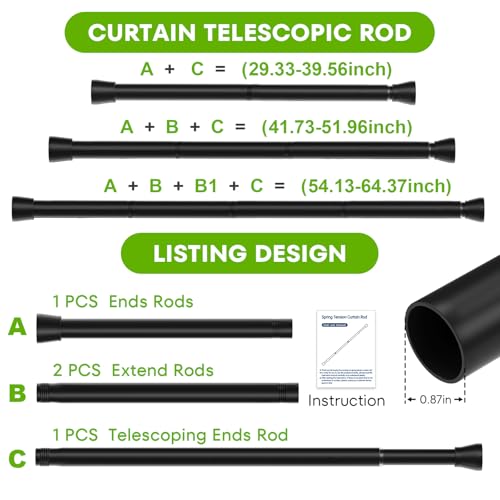 HAOYUNTE Adjustable Tension Curtain Rod, 30-64 Inch Heavy-Duty Black Rod