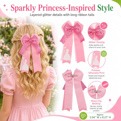 Pink Satin Glitter Hair Bow Clips 3-Pack Long Tail Barrettes