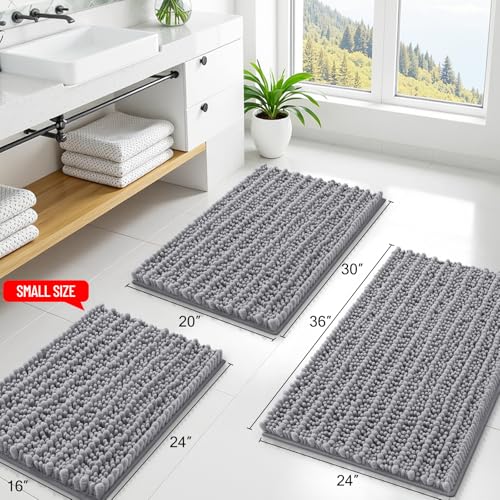 Smiry Grey Bathroom Rug 30'' x 20'' - Soft Chenille Mat with Rubber Backing