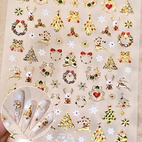 5D Embossed Christmas Nail Stickers Gold Decals Self-Adhesive Winter Xmas