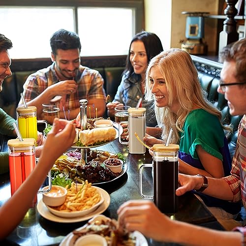 Square Glass Cups with Bamboo Lids & Straws - 16 oz, Set of 6, Clear