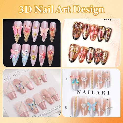 Anower 3-Box Nail Charms Kit with 3D Butterfly, Rhinestones, and Beads