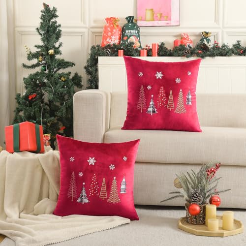 Tosleo Christmas Tree Velvet Throw Pillow Covers, 18x18 Inch - Set of 2