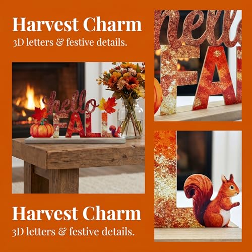 Hello Fall Metal Tabletop Sign - Rustic 3D Harvest Pumpkin Decor