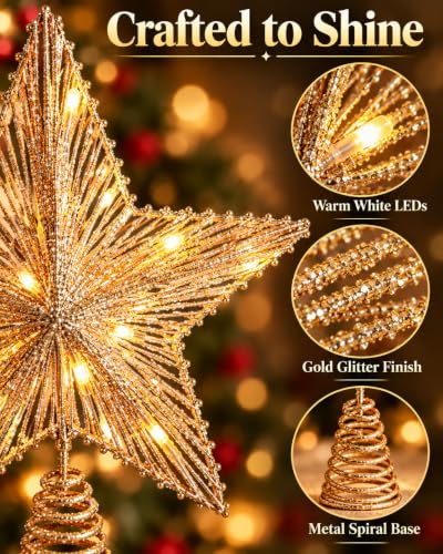 Noiclub Gold Glitter Christmas Tree Topper Star for 6-8FT Trees - Battery Operated, 10 Inch, Warm White LED Lights, Festive Holiday Decor - Golden01