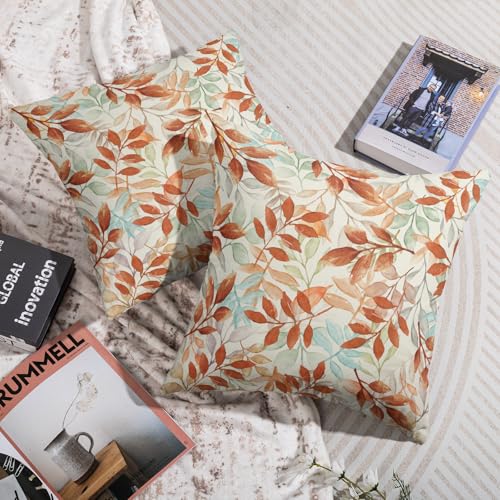 Burnt Orange Fall Pillow Covers 18x18 - Set of 2 Autumn Leaves