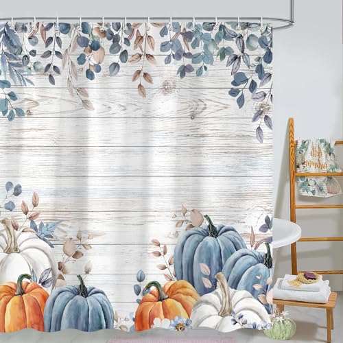 Blue Fall Pumpkin Shower Curtain, 72x72 Rustic Farmhouse Bath Decor (Fall-8)