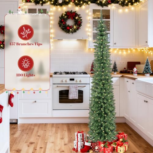 7FT Slim Prelit Christmas Tree with Warm White LED Lights, Green Variant