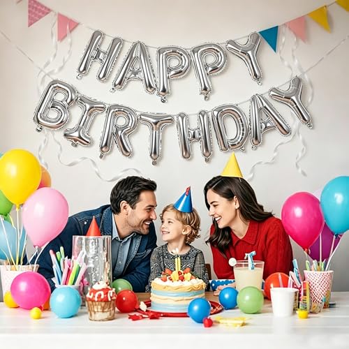 Silver Happy Birthday Balloon Banner - 16-Inch Foil Letters