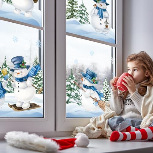 Winter Christmas Snowman Window Clings - Reusable Watercolor Holiday Decals for Home & Party
