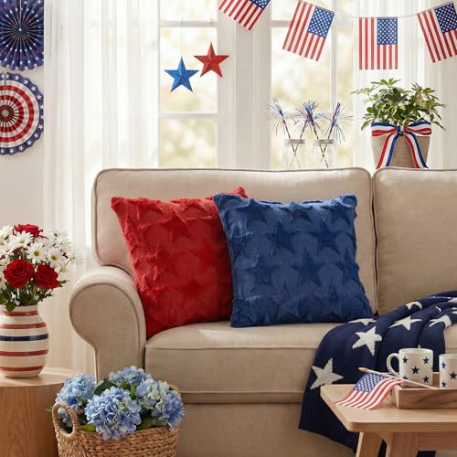 AVOIN Patriotic Stars Throw Pillow Covers, 18x18 Red & Blue, Set of 2