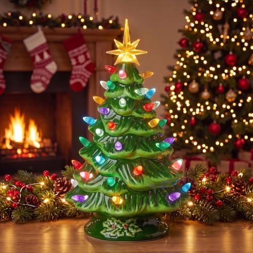Green Ceramic Christmas Tree 13 Inch Pre-lit Tabletop Holiday Decor - Brightown