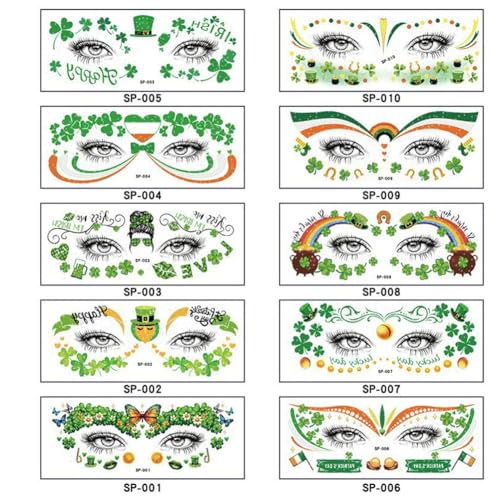 St. Patrick's Day Temporary Tattoos - 10 Sheets Waterproof Shamrock Face Stickers