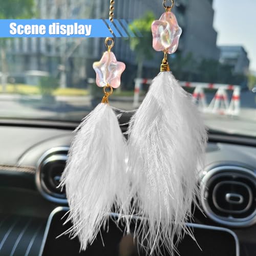 Fuzzy Feather & Star Car Rearview Mirror Hanging Ornament - White