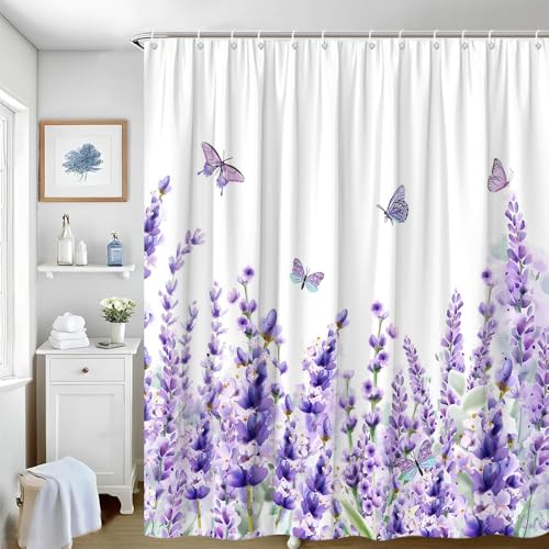 Lavender Floral Shower Curtain 70x70 Inch, Watercolor Butterfly Bathroom Set