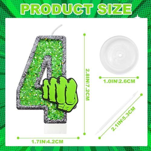 Number 4 Birthday Candle - Green Hero Fist Glitter Cake Topper