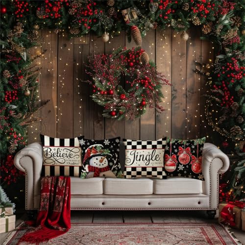 NIGHTWISH Christmas Pillow Covers, 18x18 Set of 4, Winter Holiday Decor