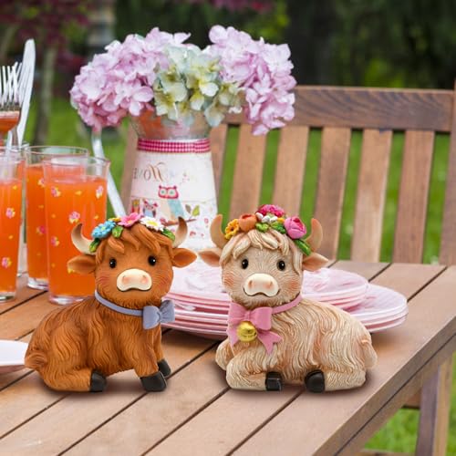 Spring Highland Cow Figurines - Set of 2 Farmhouse Decor