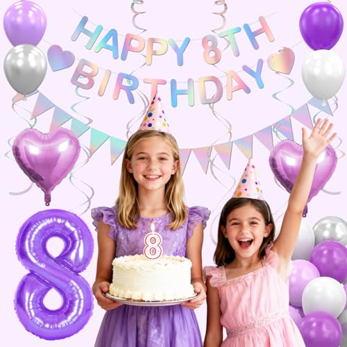 8th Birthday Decorations for Girls - Purple Silver Party Set