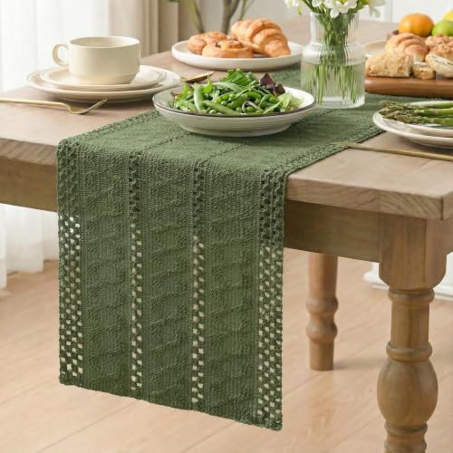 Army Green Woven Farmhouse Table Runner 12x108 Inch - Durable Polyester Cotton