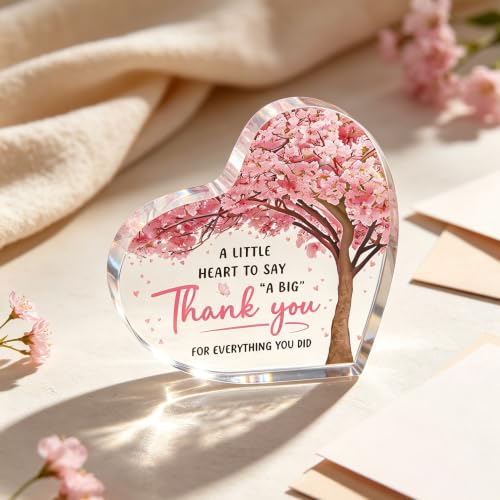 Milcier Thank You Appreciation Gift Acrylic Heart Plaque for Women, Teacher, Mom, Friend - Cherry Blossom Design