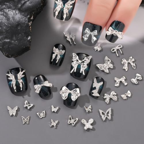 60Pcs 3D Butterfly Nail Charms Silver Rhinestone Alloy Manicure Decor