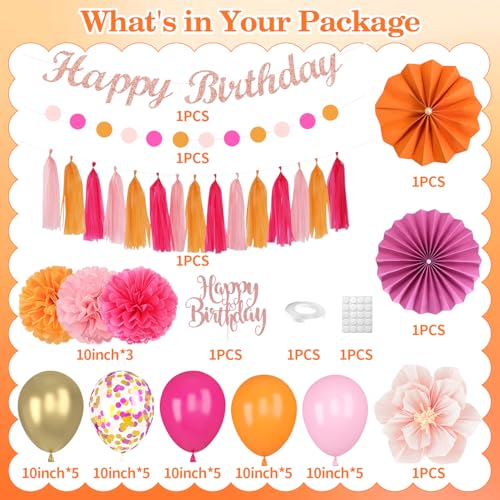 Pink Orange Birthday Decorations Kit for Women & Girls - Peach Gold Balloons, Banner, Cake Topper & Pom Poms