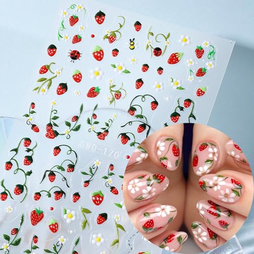 3D Embossed Floral Nail Art Stickers Daisy Strawberry Cherry Decals