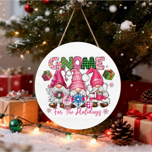 Pink Gnomes Christmas Wooden Sign 12x12 Inches - Indoor Rustic Holiday Decor
