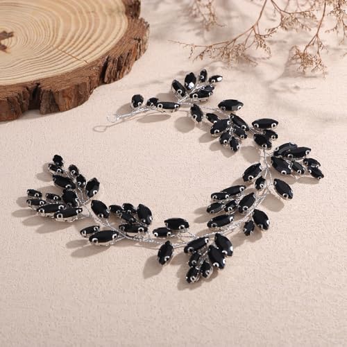Missgrace Black Rhinestone Bridal Hair Vine Headband for Wedding
