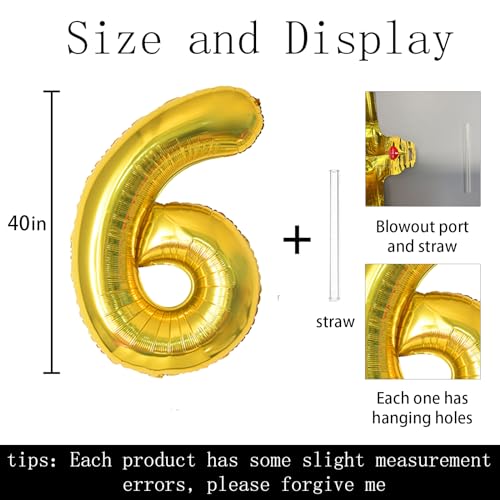 Keyali 40-Inch Gold Number 6 Foil Helium Balloon for Birthday Party and Celebration