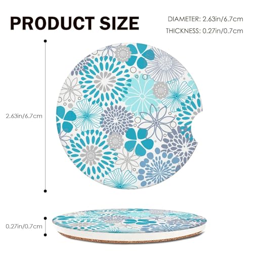 Absorbent Blue Floral Car Coasters Set of 2 - Non-Slip Cork Base