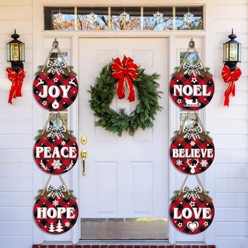 Christmas Hanging Sign Decorations Set - Red & Black Plaid Wreaths Door Sign, 6 Pieces