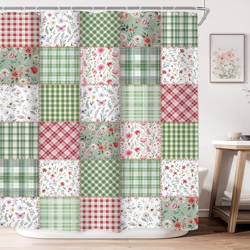 Riyidecor Patchwork Pink and Green Shower Curtain 72"x72" - Floral Design
