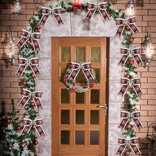 12 Red and Black Christmas Burlap Plaid Decorative Bows - 7"
