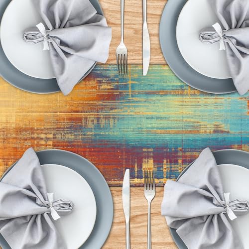 Blue Orange Rustic Farmhouse Linen Table Runner - 13x108 Inch for Dining & Home Decor