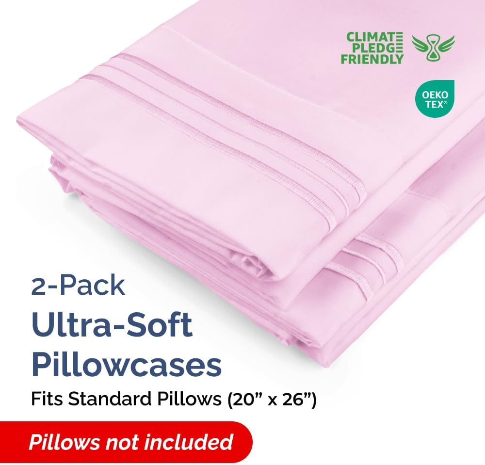 Standard Pillow Cases by Hotel Quality - Ultra-Soft, Wrinkle-Free & Stain Resistant - Light Pink, Set of 2